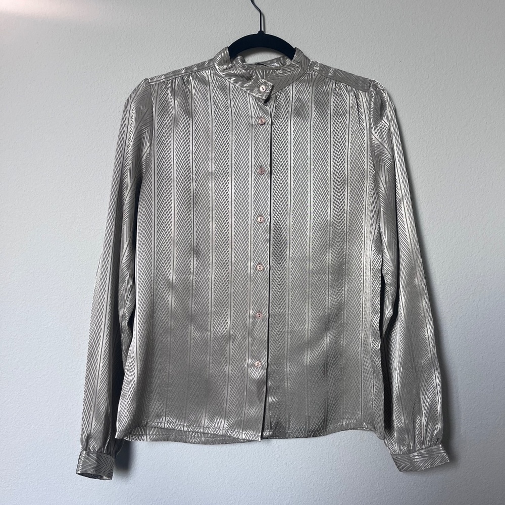 Vintage 1980s Windsmoor Old Money Silver Metalic Herringbone Blouse Size Small